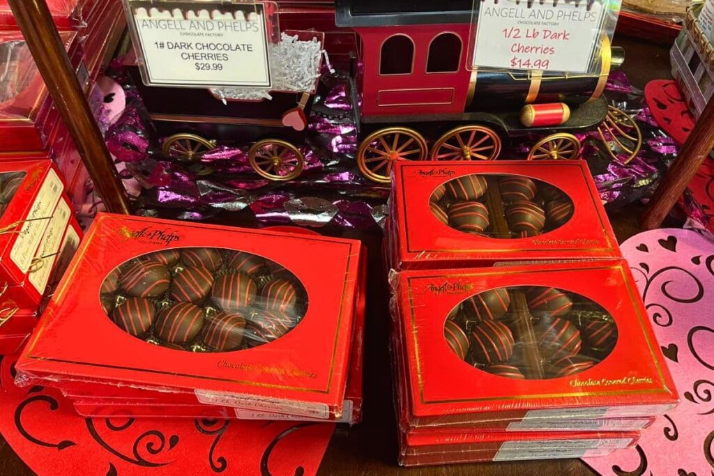 Boxes of Angell and Phelps Dark Chocolate Cherries
