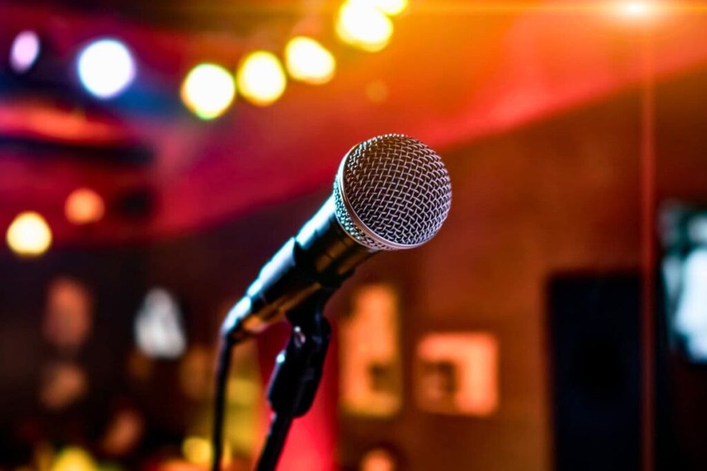 Karaoke silver microphone facing out to bar