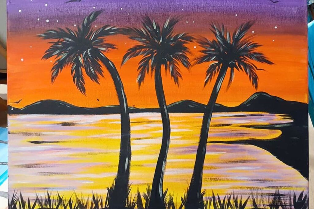 Painting of palm trees at sunset in front of the ocean