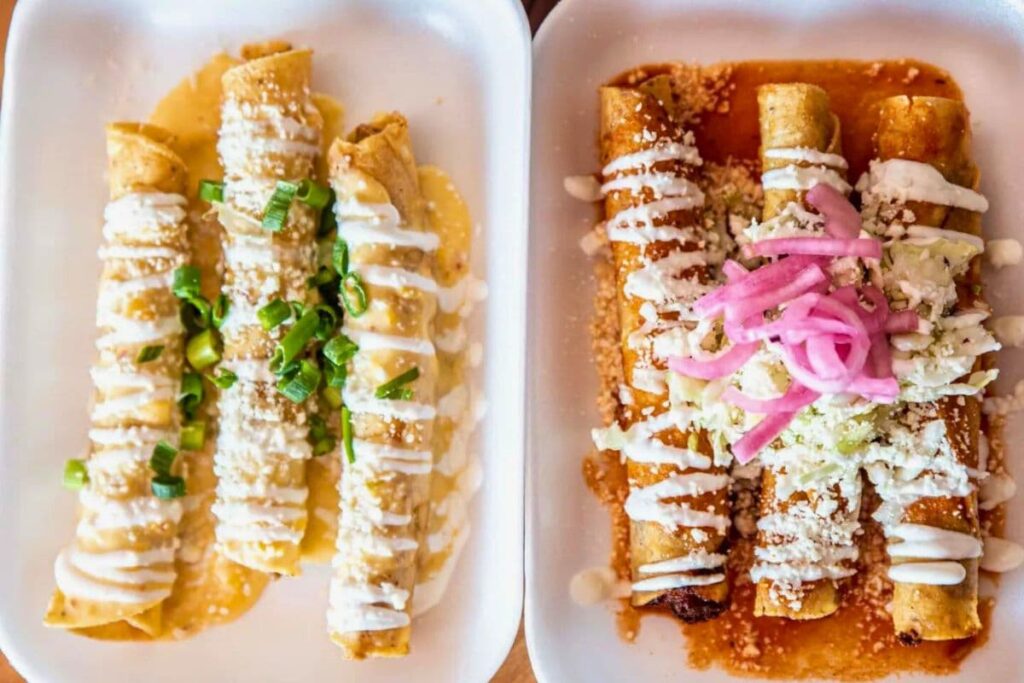 Rollies rolled tacos filled with birria, papa, or chicken