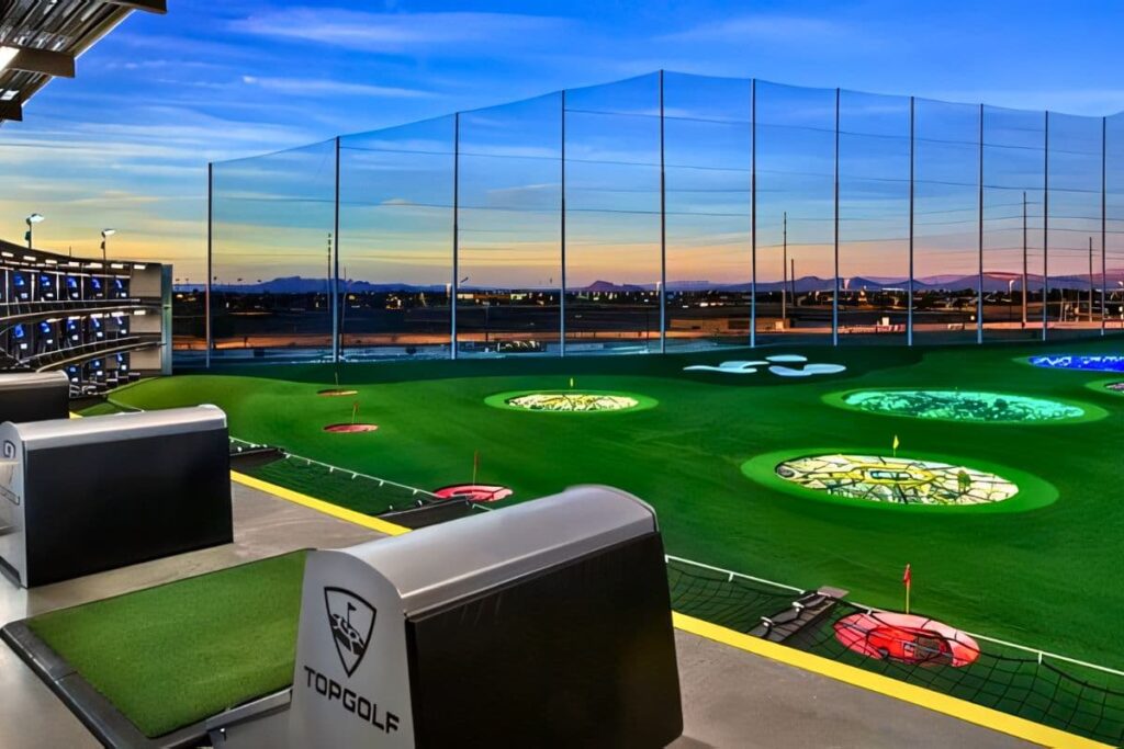 Topgolf driving range at dusk