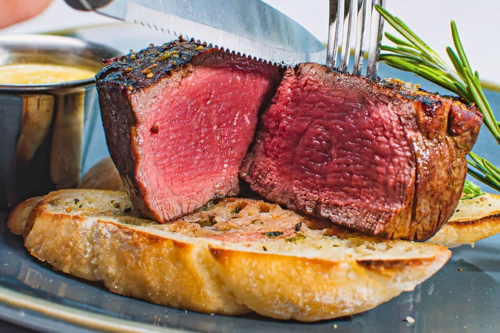 8 oz black angus filet mignon cut in half to show the center