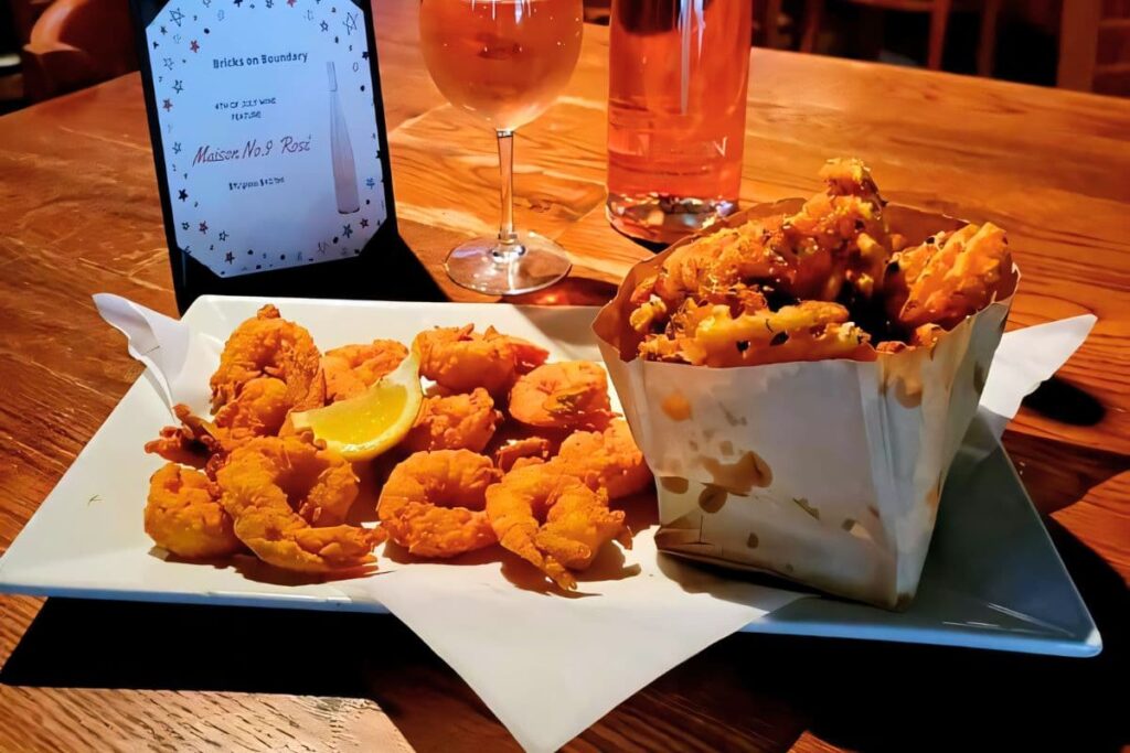 Bricks' Famous Fried Shrimp with a side of fries