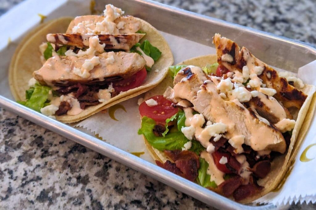 Grilled chicken, bacon, and sriracha ranch tacos