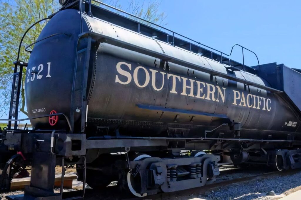 Southern Pacific engine marking first railroad train entrance into Arizona at historic Pivot Point Plaza