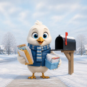 Cartoon white snowbird in a blue vest standing at a snowy northern mailbox, holding a stack of letters and a bin of mail