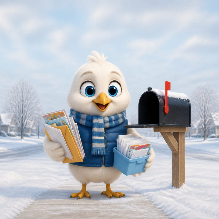 Cartoon white snowbird in a blue vest standing at a snowy northern mailbox, holding a stack of letters and a bin of mail