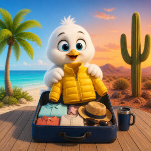 White cartoon snowbird packing a suitcase and yellow jacket, Florida palm left, Arizona saguaro right.